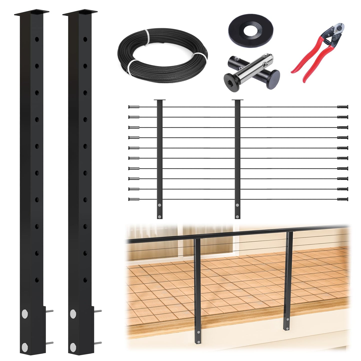 Muzata 5-10FT Modular Black Side Mount Cable Railing Kit 36 Inch 2 Level Post Kit Complete Set Cable Railing System for Decks Length Adjustable with Paper User Guide (No Handrail) RWF2 BH4S