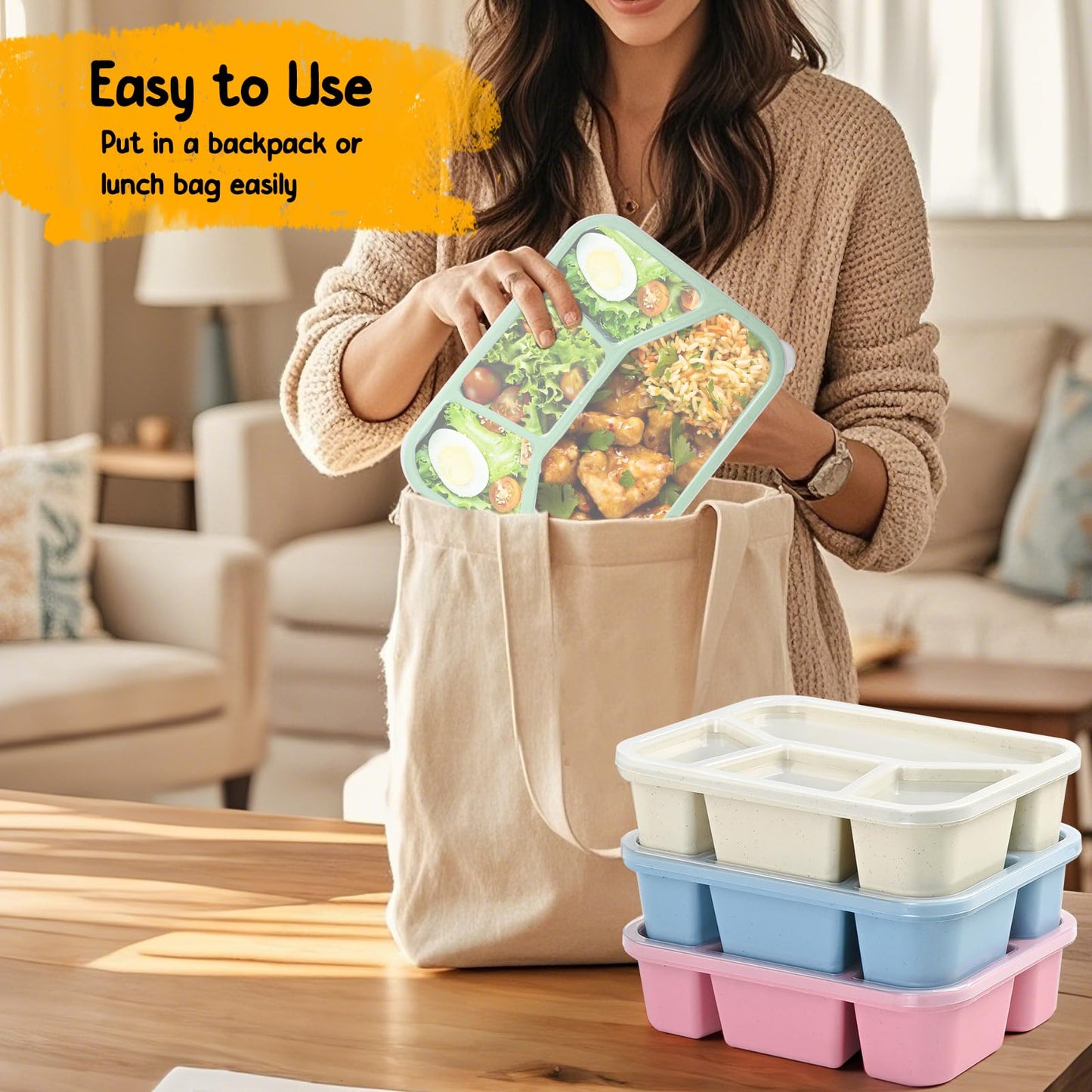 HMDZMR Bento Lunch Box, 4 Compartments Meal Prep Containers, 4 Pack Reusable Snack Containers, Divided Food Storage Container for Adults (Pink Beige Green Blue)