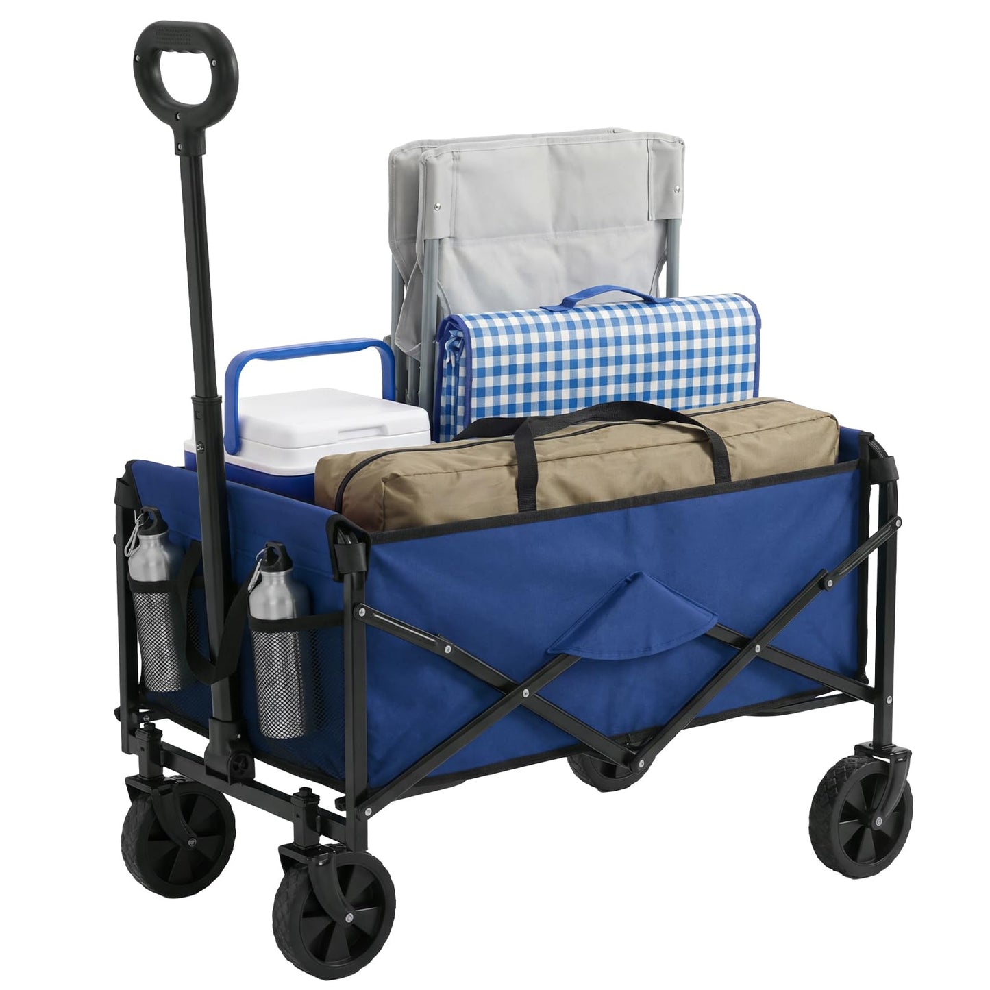 DUMOS Collapsible Wagon Cart, Heavy Duty Foldable Utility Wagon with Wheels – 220 lbs Capacity, Flexible Handle for Beach, Garden, Sports, Grocery & Camping, Blue