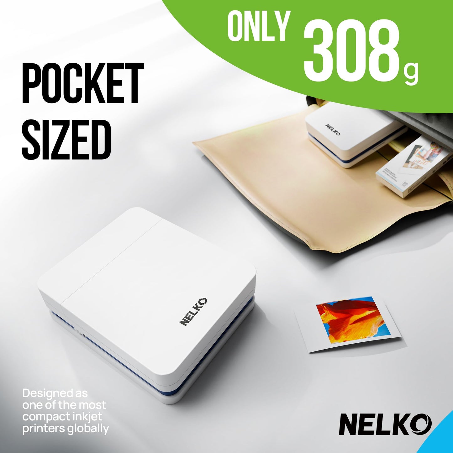 Nelko Photo Printer, 2x3 Portable Wireless Smartphone Printer, PP01 Mini Color Instant Inkjet Printer, Sticky-Back Photos, Bluetooth Compatible with iOS & Android, App Editing, White