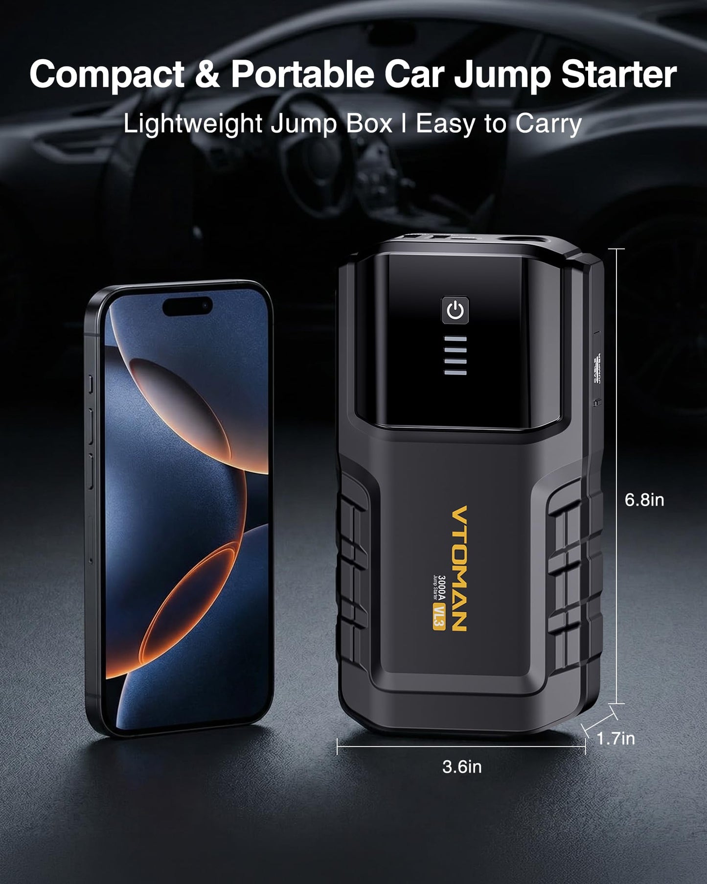 VTOMAN VL3 Jump Starter Upgraded with LiFePO4 Battery, 3000A Portable Car Battery Booster for Up to 7.0L Gas and 5.0L Diesel Engines, 12V Jump Box with LED Flashlight, Jumper Cable, Storage Bag