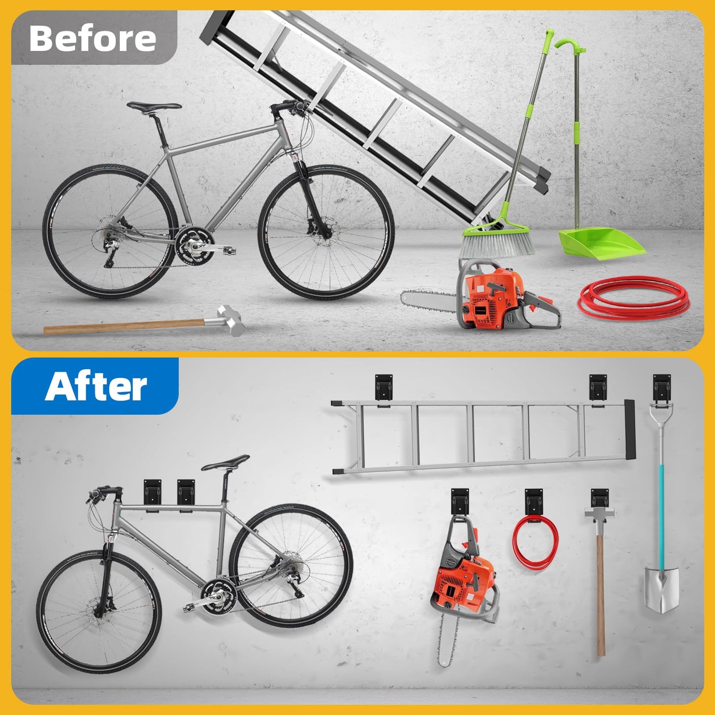 6 Pack Garage Hooks 10 INCH Heavy Duty Two-Tier Steel Shed Wall Mount Workshop Garage Storage Tool Organizer Hooks for Hanging Garden Tool, Hose, Ladder, Chairs, Bikes with Anti-Slip Coating
