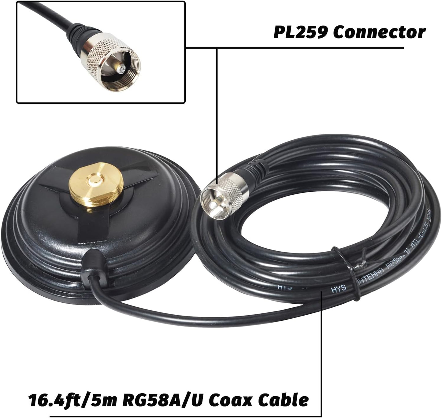 TWAYRDIO 4.3in 16.4ft RG58 PL259 NMO Antenna Mount, NMO Magnetic Mount with Low Loss Coaxial Cable Plug for VHF UHF HF