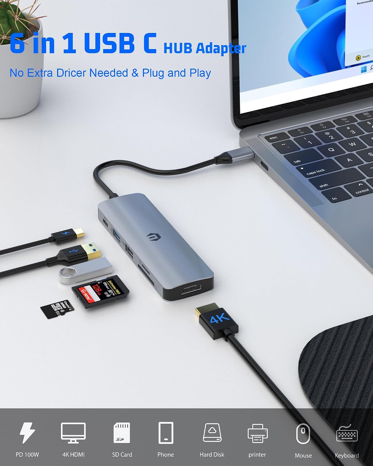 Tiergrade 6 1 4K 3.0 2.0 100W USB C Hub, in USB C Adapter, Display Docking Station with USB-A Port, USB-A Port, Power