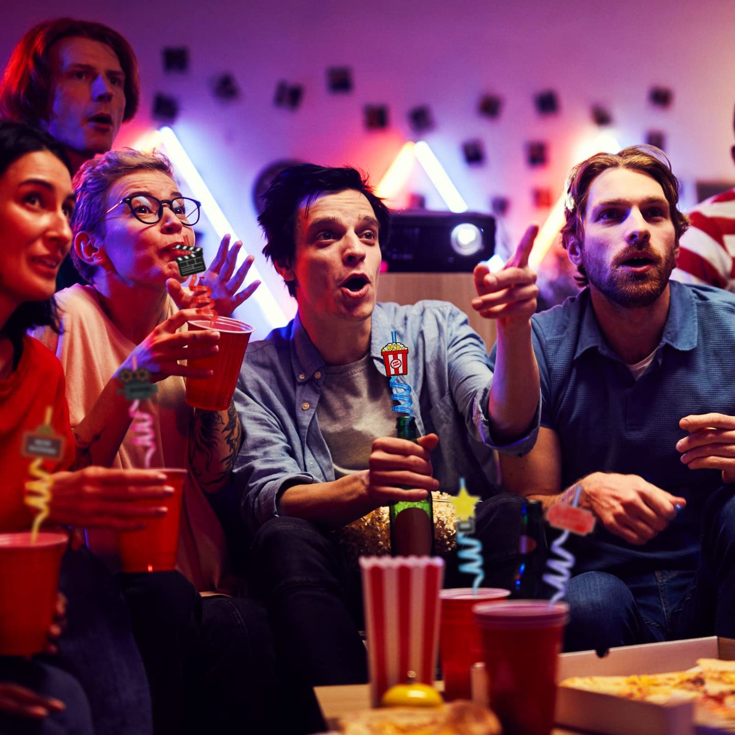 Suclain 24 Pack Movie Night Party Supplies Movie Night Drinking Straws PET Projector Popcorn Trophy Plastic Straws Red Carpet Party Favors Decorations(Stylish)