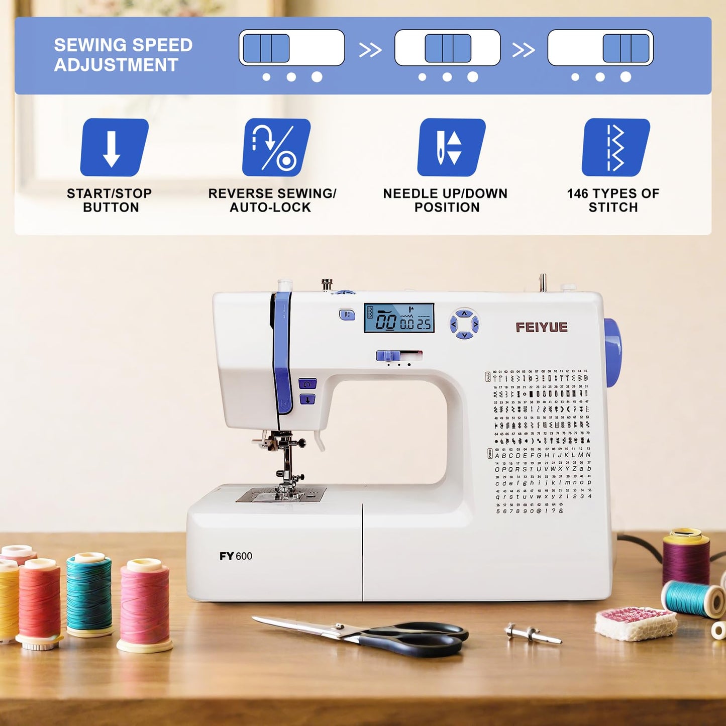 FEIYUE FY600 Electronic Sewing Machine for Beginners, 146 Built-in Stitches, LCD Display, Automatic Needle Threader, Adjustable Speed, Free Arm, 100-240V 70W