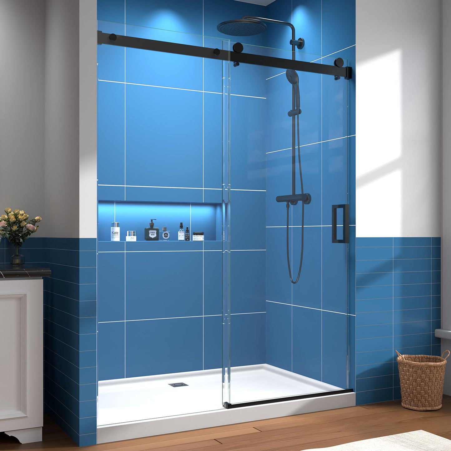 56-60" W × 76" H Frameless Shower Door, 1/4" (6mm) Tempered Glass, Sliding Glass Shower Door with Explosion-Proof Film Nano Coating, Stainless Steel Hardware, Matte Black