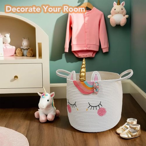Large Unicorn Woven Basket with Handles - Toy Storage Bin, Baby Gift & Animal Nursery & Cute Laundry Basket, for Clothes, Towels, Toys (Unicorn)