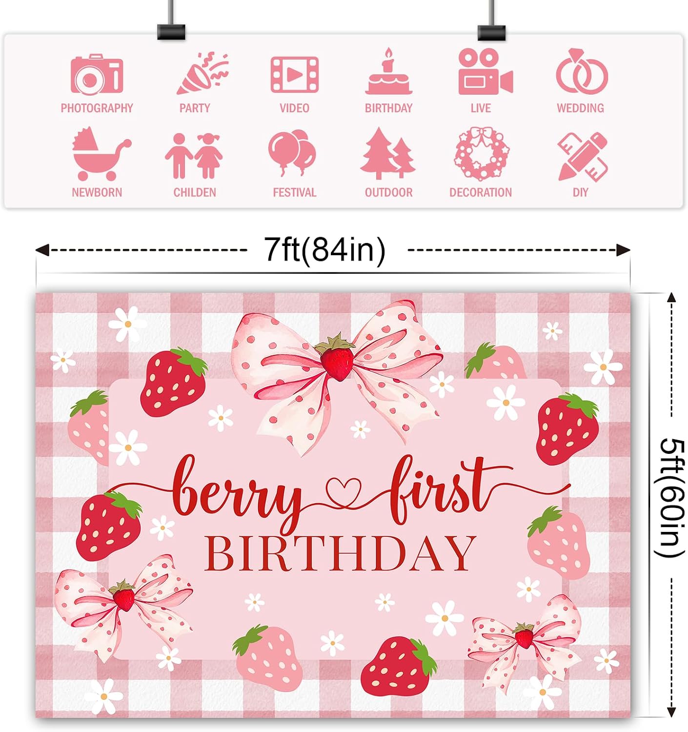 1st 7x5ft Berry First Birthday Backdrop for Girl Pink Bowknot Strawberry Photography Background Sweet One Birthday