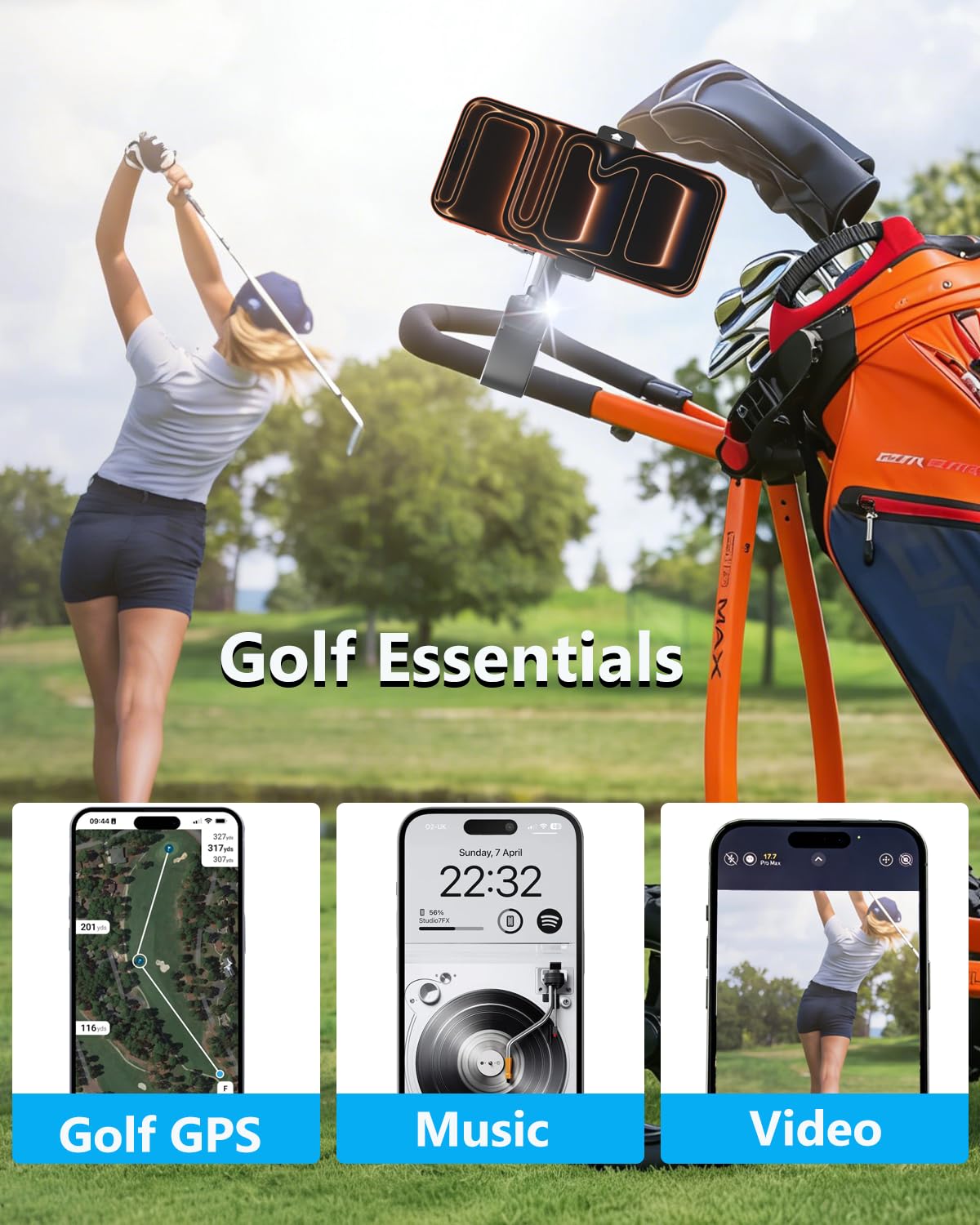 Charchendo [No-Shake] Golf Push Cart Phone Holder - Wide 0.7" Deep Clamp for Thick Case Smartphones - Mounts to 0.7"-1.78" Handlebars - Fits 4-7" Cell Phones for Clicgear, Sun Mountain, Caddytek