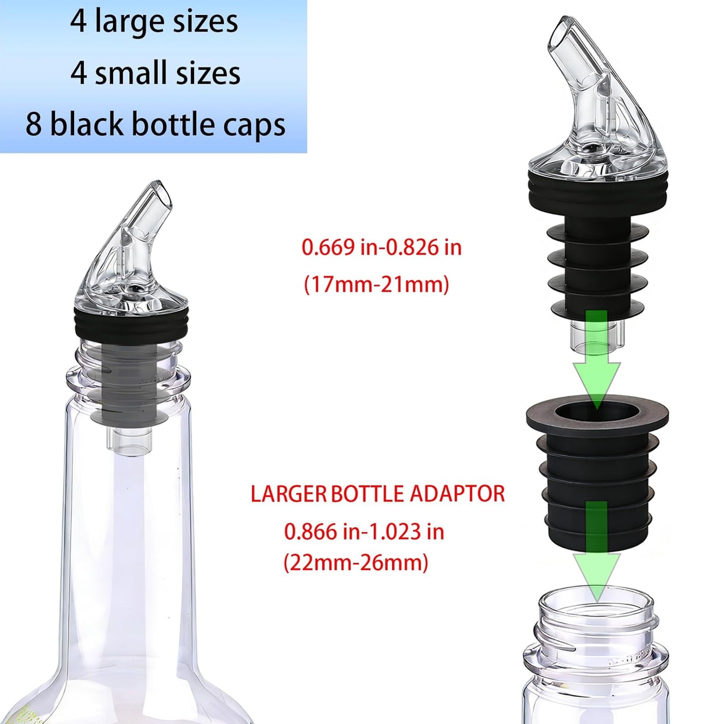 Pour Spout for Torani Sugar-Free Syrup 25.4 Fl Oz Bottle，Pourers for Large small Torani Sugar-Free Syrup。Leak-Proof,4-piece Large small + 8 Black Lid Caps (Black, 4)