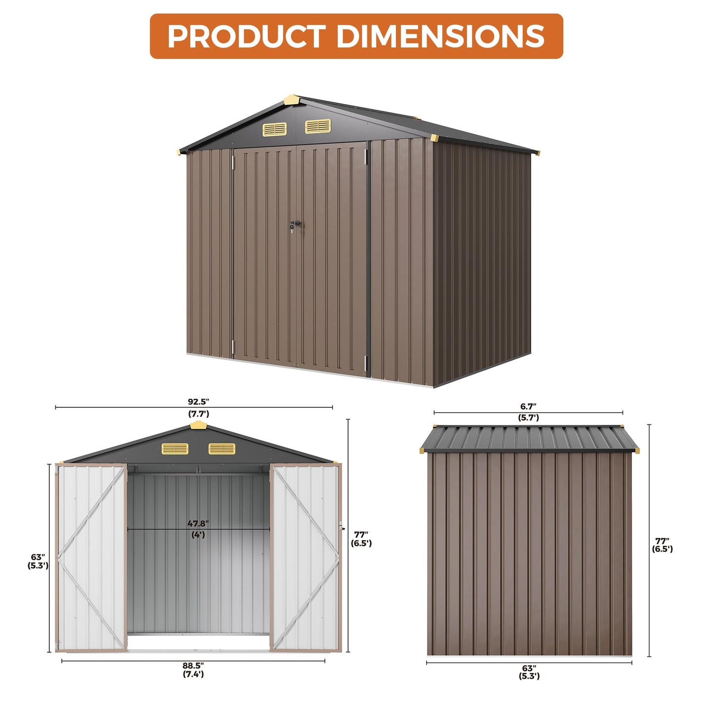 IRONCK 8x6FT Outdoor Storage Shed with Lockable Doors, 7.4x5.3FT Base Galvanized Steel Metal Garden Tool Shed with Breathable Vent for Yard Bins/Generator/Wheelbarrow Storage, Brown