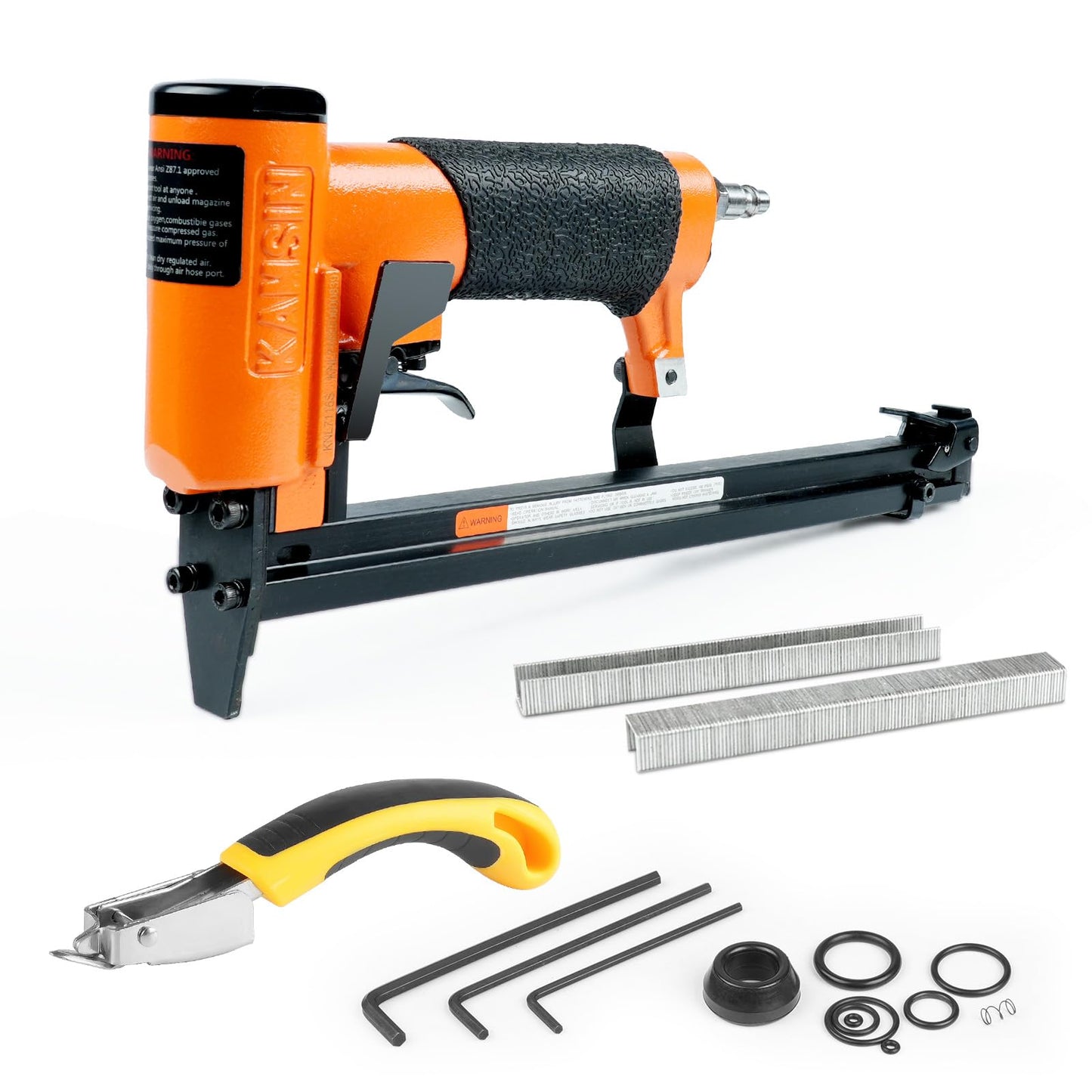 KNL7116S 22 Gauge Pneumatic Upholstery Stapler with Continuous Firing & Long Magazine, 3/8-Inch Crown, 1/4-Inch to 5/8-Inch Leg Length, Heavy Duty Fine Wire Stapler for Furniture and Fabric