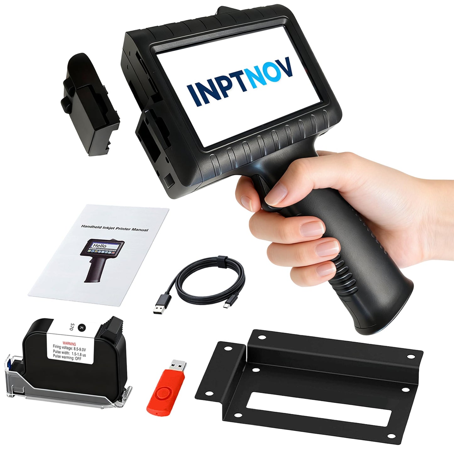 INPTNOV Handheld Inkjet Printer for Logo Batch Number Expiration Date Barcode Serial Number on Anything Glass Farbic Wood Plastic Cardboard Metal Clothes,42ml Fast Dry Ink,Last 16H,0.5 Inch Nozzle