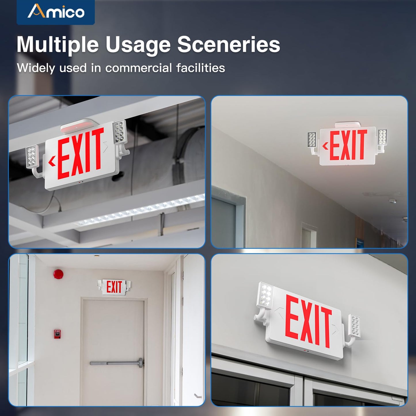 Amico 12 Pack Red Double-Sided Exit Sign with Emergency Lights, Adjustable LED Emergency Exit Lights with Battery Backup, Hard Wired,UL Certified, AC 120/277V