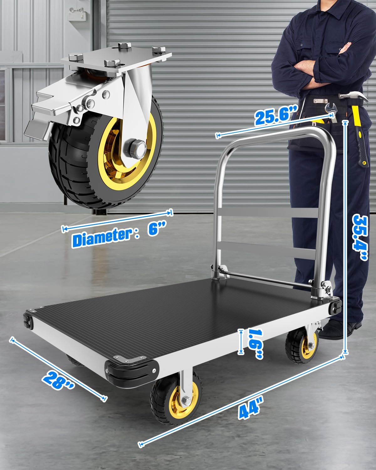 44"x28" Heavy Duty Platform Truck 2500LBS Capacity | 2mm Steel Deck + 3mm Anti-Slip Mat | Foldable Handles & Reinforced Chassis | Industrial Flat Dolly Cart for Warehouses, Factories, Garages