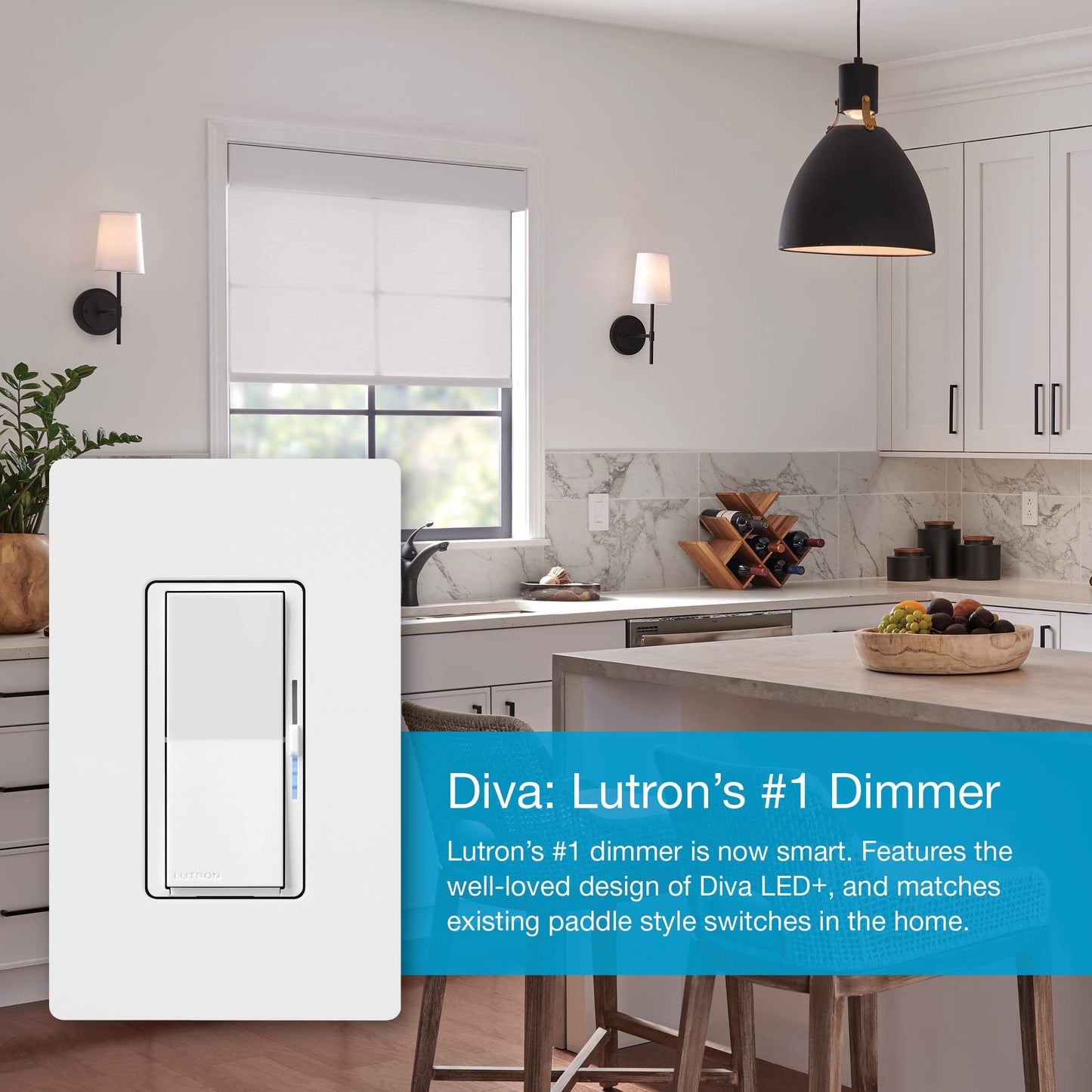 Lutron Diva Smart Dimmer Light Switch for Caseta Lighting (Lutron Smart Hub Required), for LED Lights, 150W, Single-Pole/3-Way, No Neutral, White, 2 Pack (DVRF-6LS-WH-2)