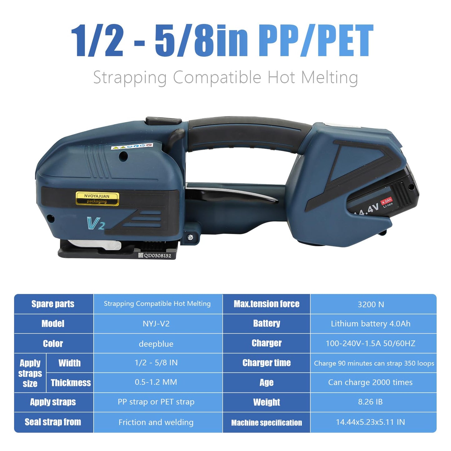 NVOYAJUAN Hand-held Electric Strapping Machine 2 × 4000mAh Batteries, 1/2-5/8in PP/PET Strapping Compatible Hot Melting, Automatic Tensioning Tool for Quick Packaging of Boxes & Pallets(NYJ-V2)