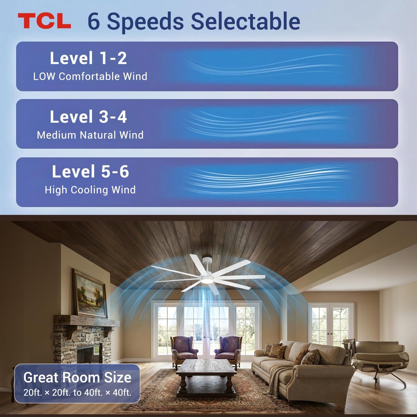 TCL 72 Inch Large Ceiling Fans with Lights and Remote, Quiet Modern Ceiling Fan, 3 CCT Dimmable Remember LED Reversible 8 Dual Side Blades for Living Room Patio Garage Indoor/Outdoor (white, 72)