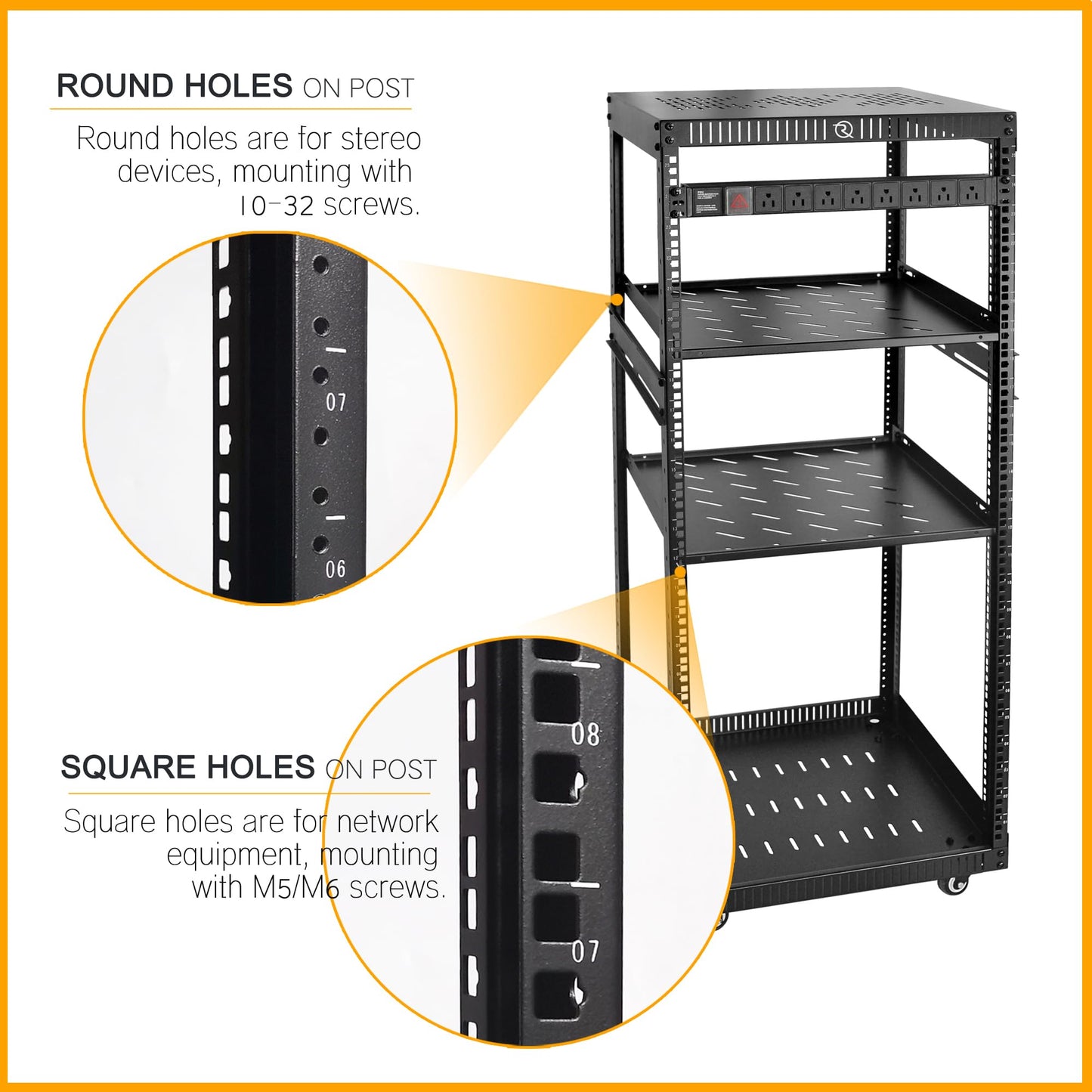 RIVECO 25U Network Rack with Reinforced Top Cover - 4 Post Floor Rack on Wheels Including Rack Mount Power Strip & 2PCS 1U Rack Shelves & 12" Rack Shelves 2 PCS
