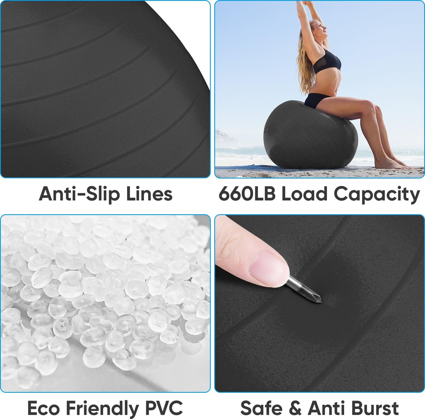 APEXUP Yoga Ball Exercise Ball Anti Slip Heavy Duty for Fitness, Balance & Core Workout, Balance Training, Pregnancy & Physical Therapy, 5 Sizes (L (23"~26") 65cm, Black)