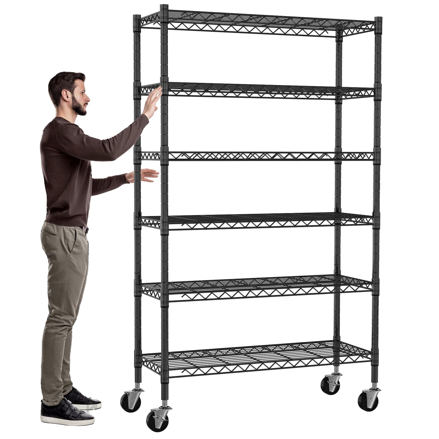 Meet perfect 6-Tier Storage Shelves NSF Certified Wire Shelving Unit on Wheels Heavy Duty Metal Shelves Adjustable Steel Shelving 2100Lbs Capacity for Closet Pantry Basement- (18"x45"x82", Black)