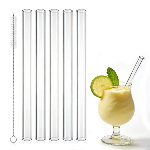 6 Pack Reusable Glass Straws set,Set of 5 Jumbo Smoothie Boba Straws with Cleaning Brushes,Clear Glass Drinking Straws,9''x12MM,Perfect for Smoothies, Milkshakes, Juice, Boba Tea
