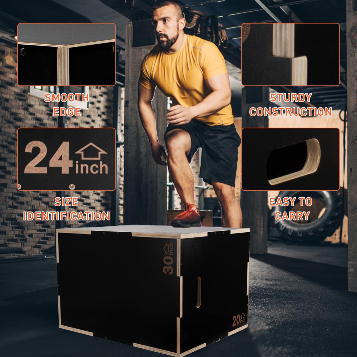 HAPOO 3-in-1 Wooden Box Jumps for Home Gym，30"x24"x20"450 lbs Boxes Step Up with Smooth Edges & Wide Built-in Handles for Jumping, Strength Training, Lunges, Squats,