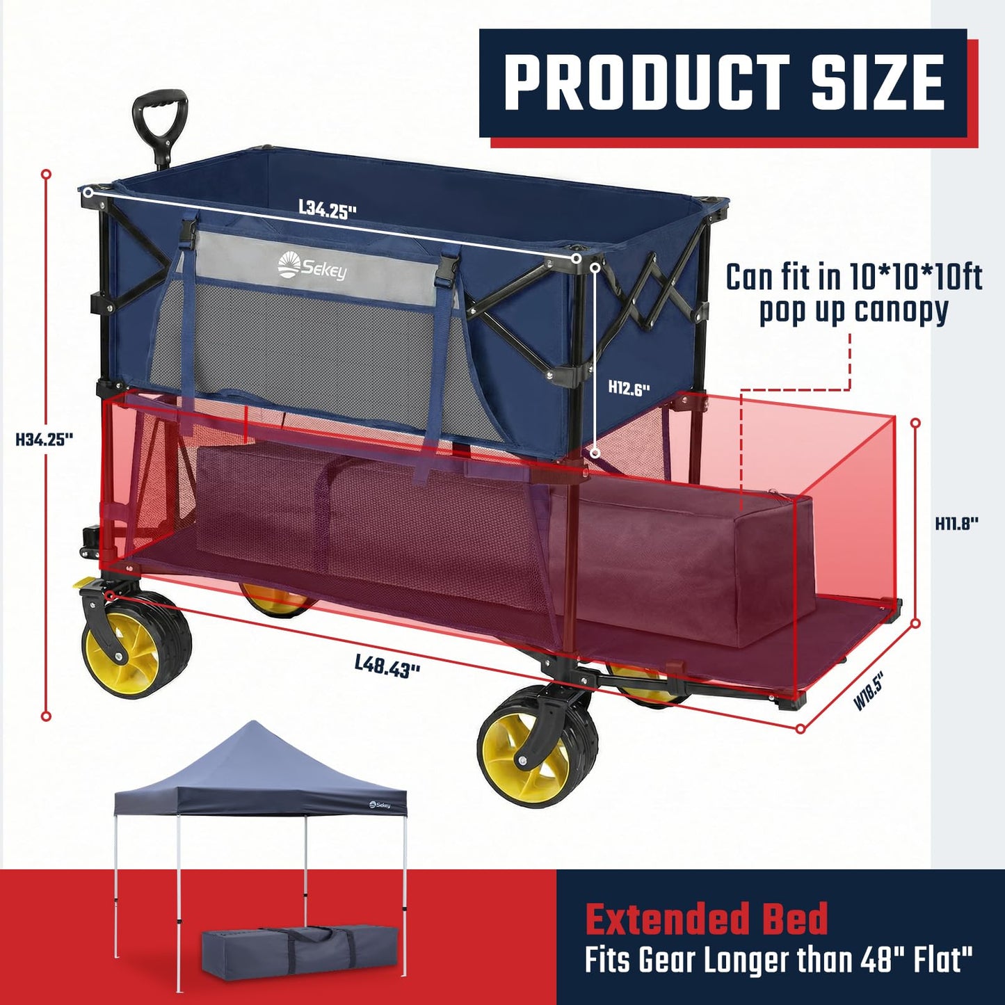 Sekey 500LBS Heavy Duty Double Decker Wagon with Extender, 400L Large Capacity Collapsible Garden Cart Fits 10x10 Canopy, All-Terrain Big Wheels with Brakes, Foldable Utility Wagon for Sports, Camping