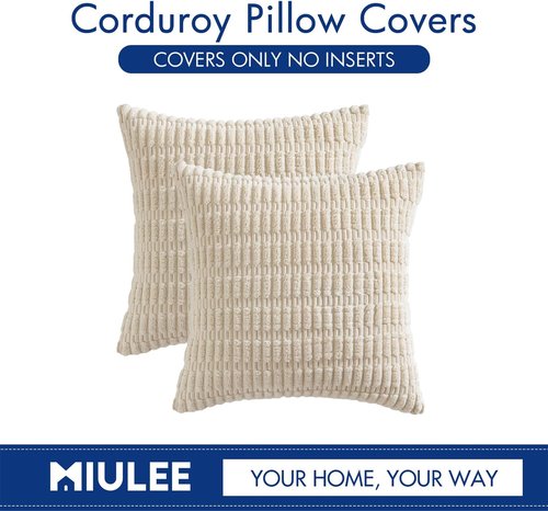 MIULEE Corduroy Throw Pillow Covers - Soft Boho Striped Design | 18x18 Inch Cream White for Modern Home Decor
