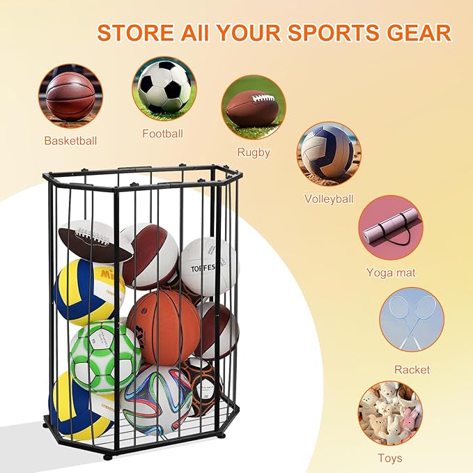 Garage Ball Storage Rack,with Bungee Cord Sports Equipment Organizer,Can be Wall-Mounted & Floor-Mounted Mount,FitBasketball,Footbal,Volleyball,Gym,and Garage Ball Storage (Black)