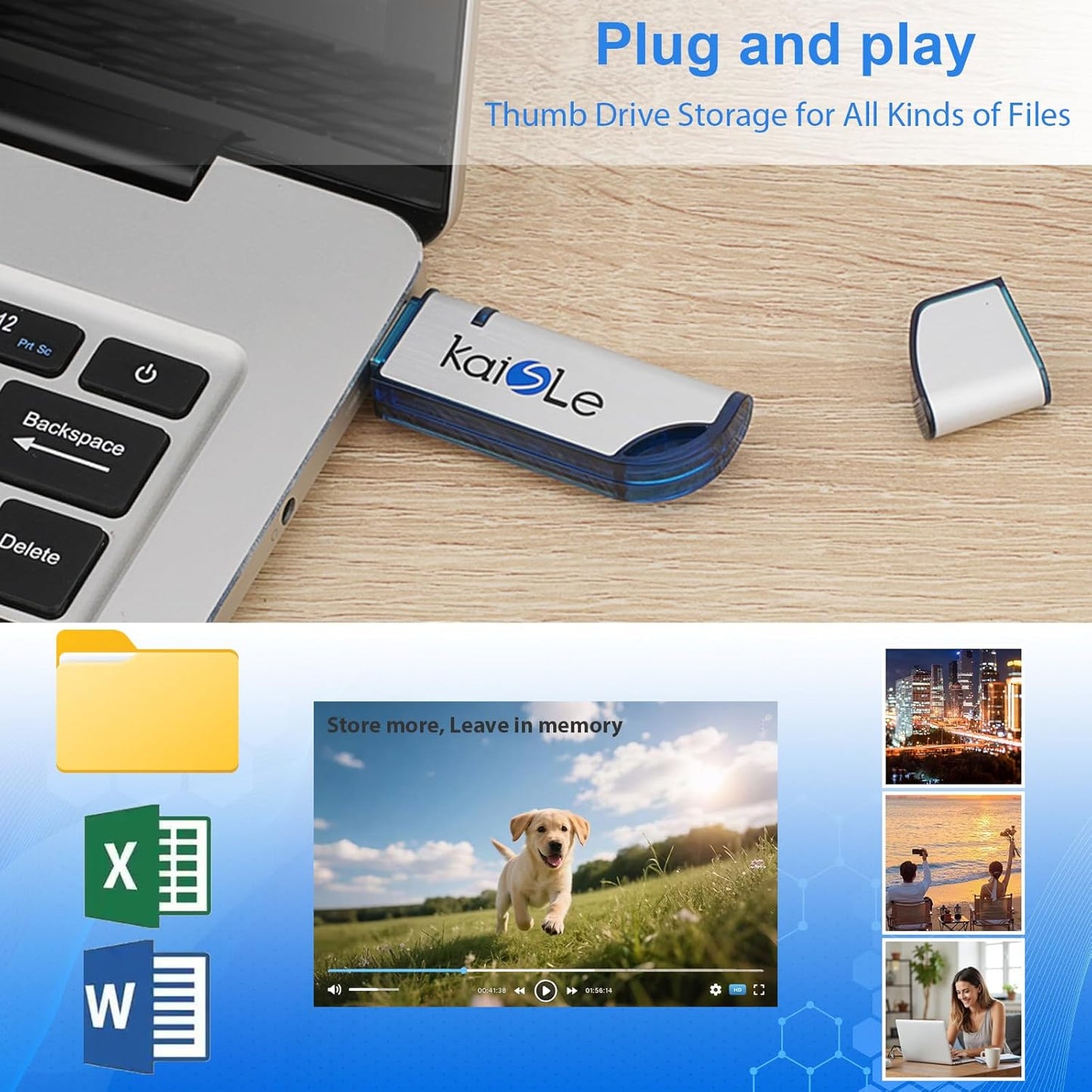 KAISLE 64GB 64 2.0 USB Flash Drive, External USB Flash Memory Storage Thumb Drive, Portable Flashdrive with Keychain