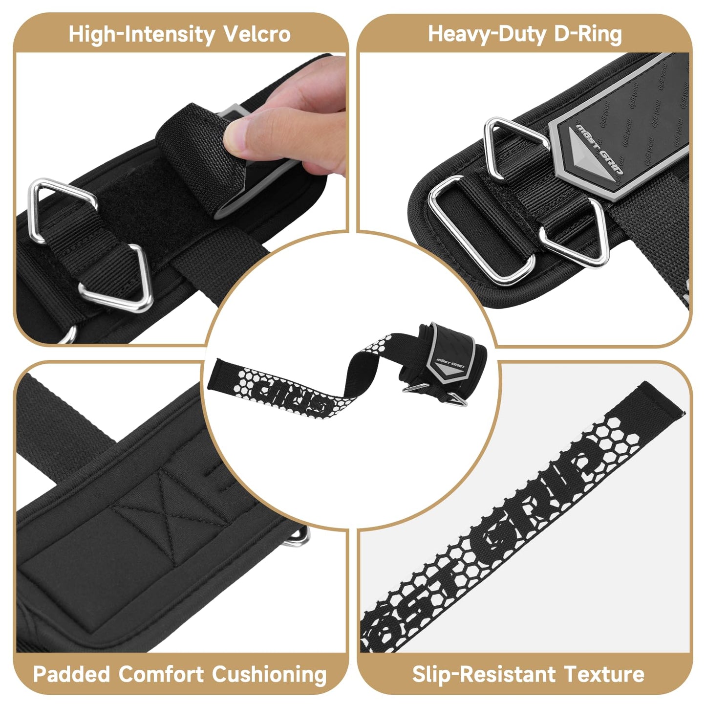 MOST GRIP Drip Glue Non-Slip Wrist Straps for Weightlifting, 2-in-1 Lifting Straps with D Rings for Cable Machine Workout, 10mm Neoprene Padded Wrist Wraps for Weight Lifting Deadlift (Black-White, M (6.3-8.3Inch))