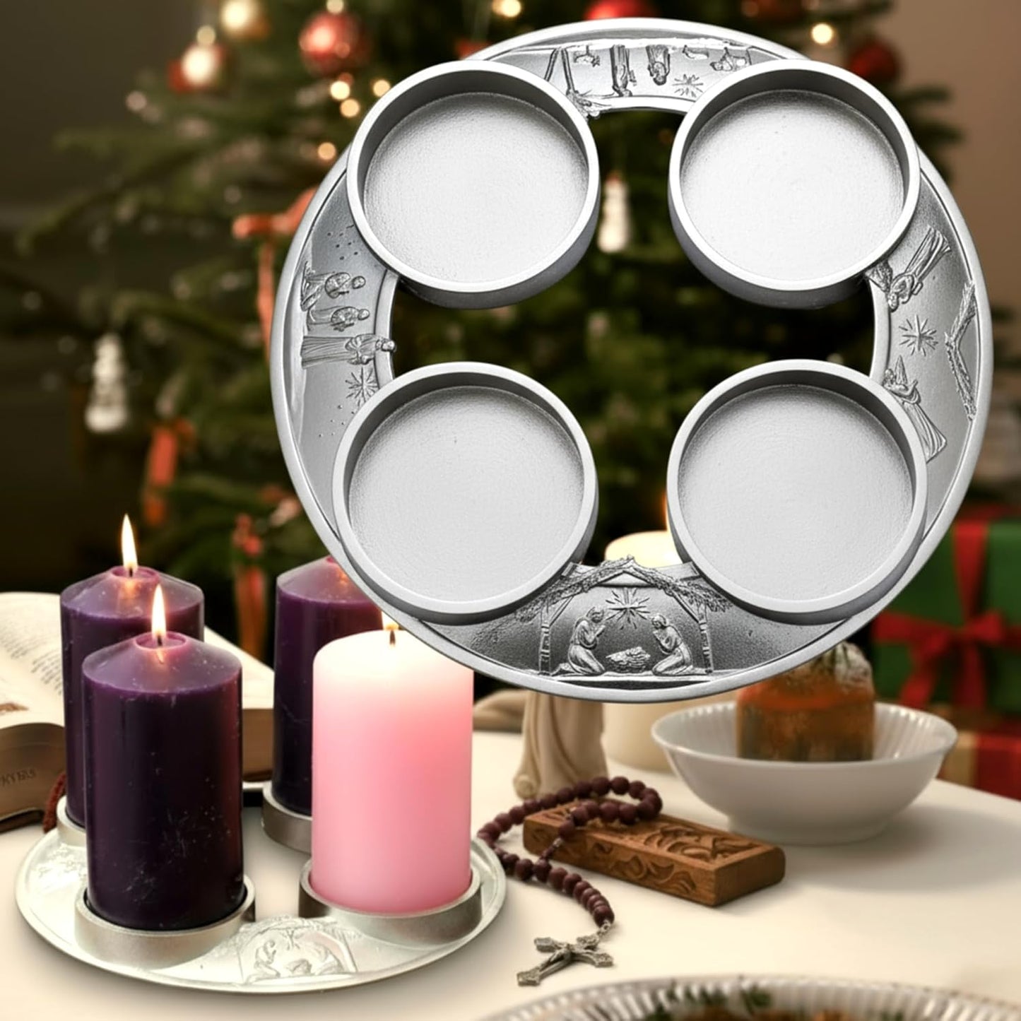 Shellwei Advent Wreath Candle Holder - Metal Nativity Scene Design for Christmas Centerpiece Decor | Fits 3-Inch Pillar Candles