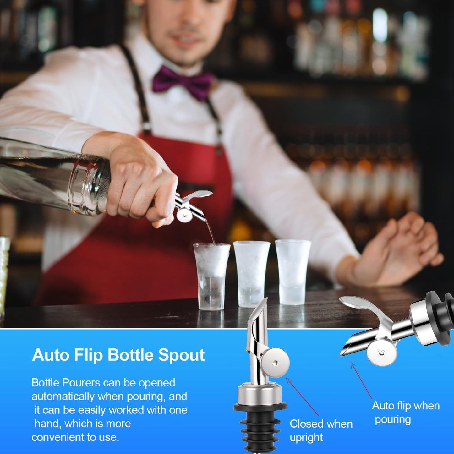 Hjldaeu 12PCS Weighted Liquor Pour Spout, Stainless Steel Liquor Bottle Pourers, Auto Flip Olive Oil Spout Bottle Pourers for Wine Syrup Vinegar Home Bar Accessories