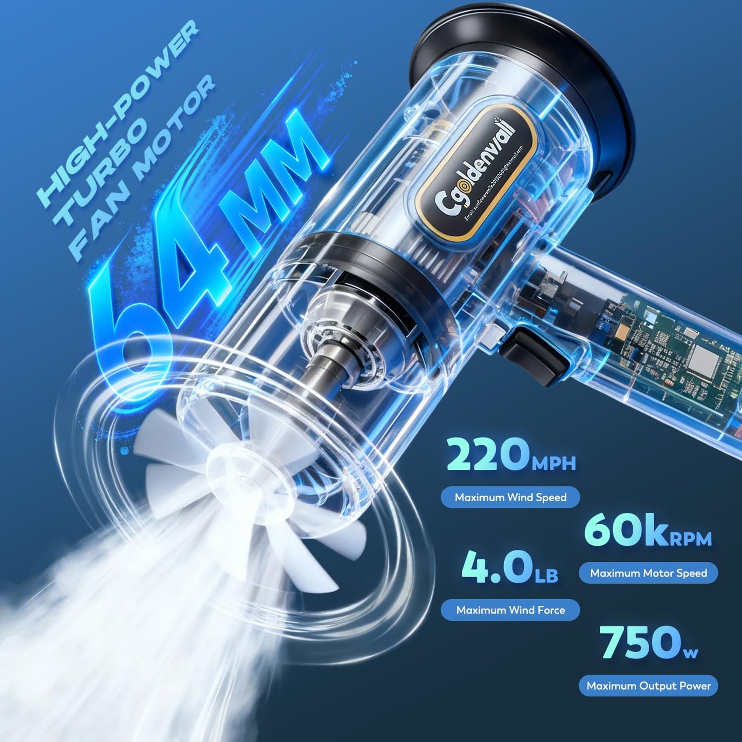 CGOLDENWALL Pro Leaf Blower, Handheld Turbo Jet Blower Cordless, 4-Speed Adjustable, 4Lb Max.Thrust, Ultra-Powerful, Super Electric Dryer for Car/Lawn/Garage/Patio/Yard, Snow Removal (2 Battery Set)