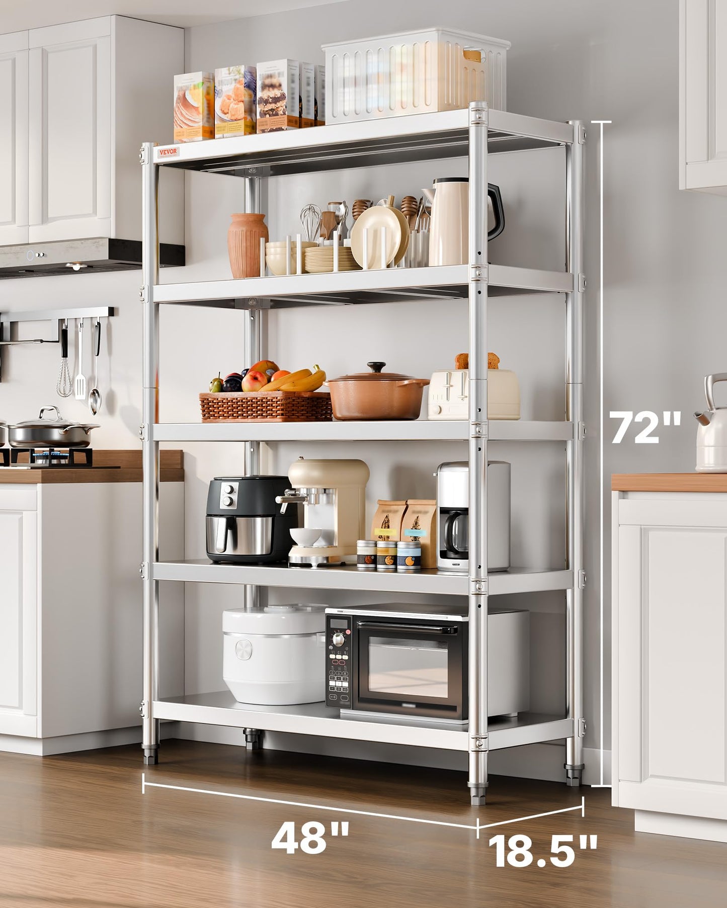 VEVOR Stainless Steel Shelving 48x18.5 Inch 5 Tier Adjustable Shelf Storage Unit Stainless Steel Heavy Duty Shelving for Kitchen Commercial Office Garage Storage 330lb Per Shelf