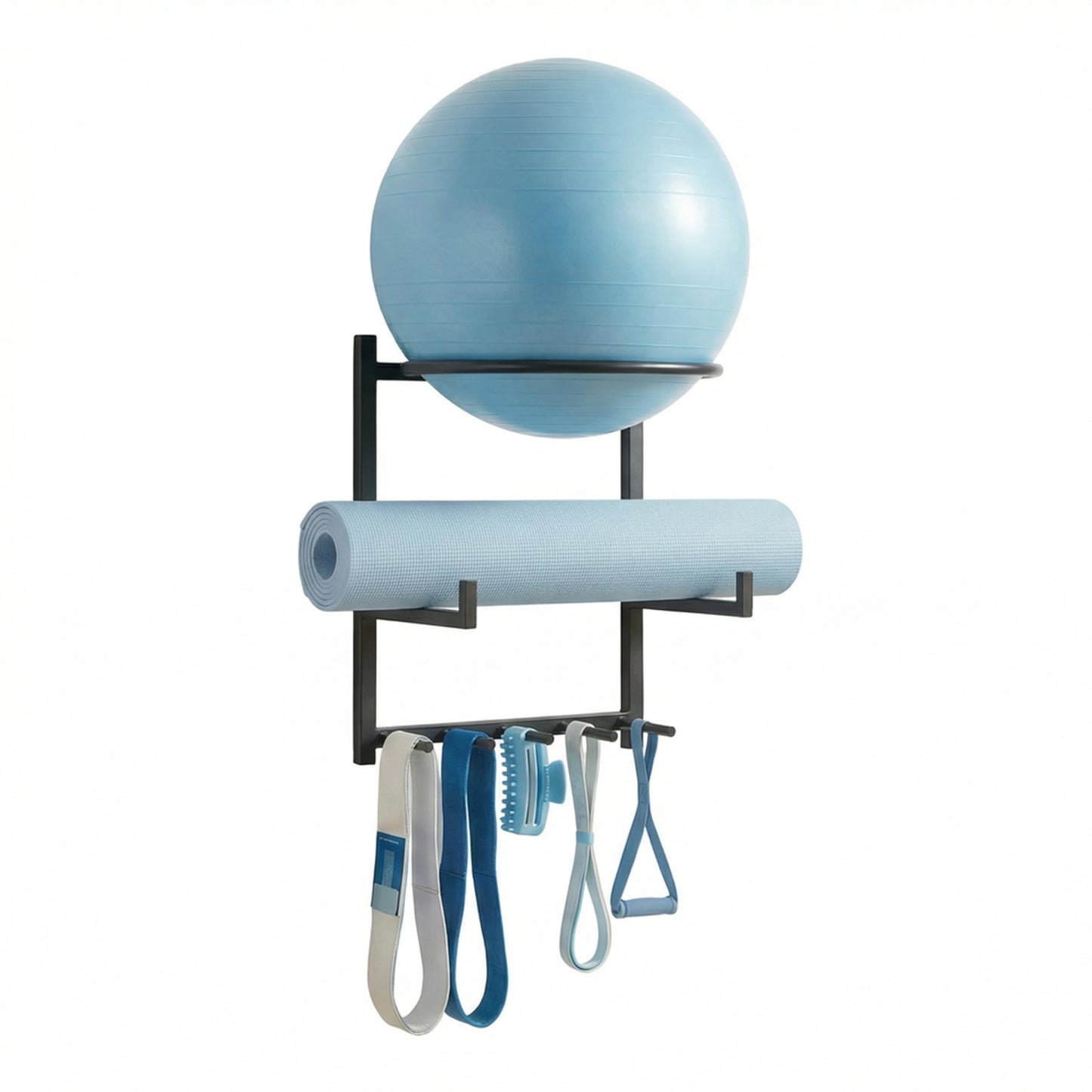 YPDiXDi Wall Mounted Yoga Ball and Mat Holder, Space-Saving Home Gym Organizer and Storage Rack Fits 55-75cm Stability Ball with 5 Hooks for Resistance Bands and Equipment