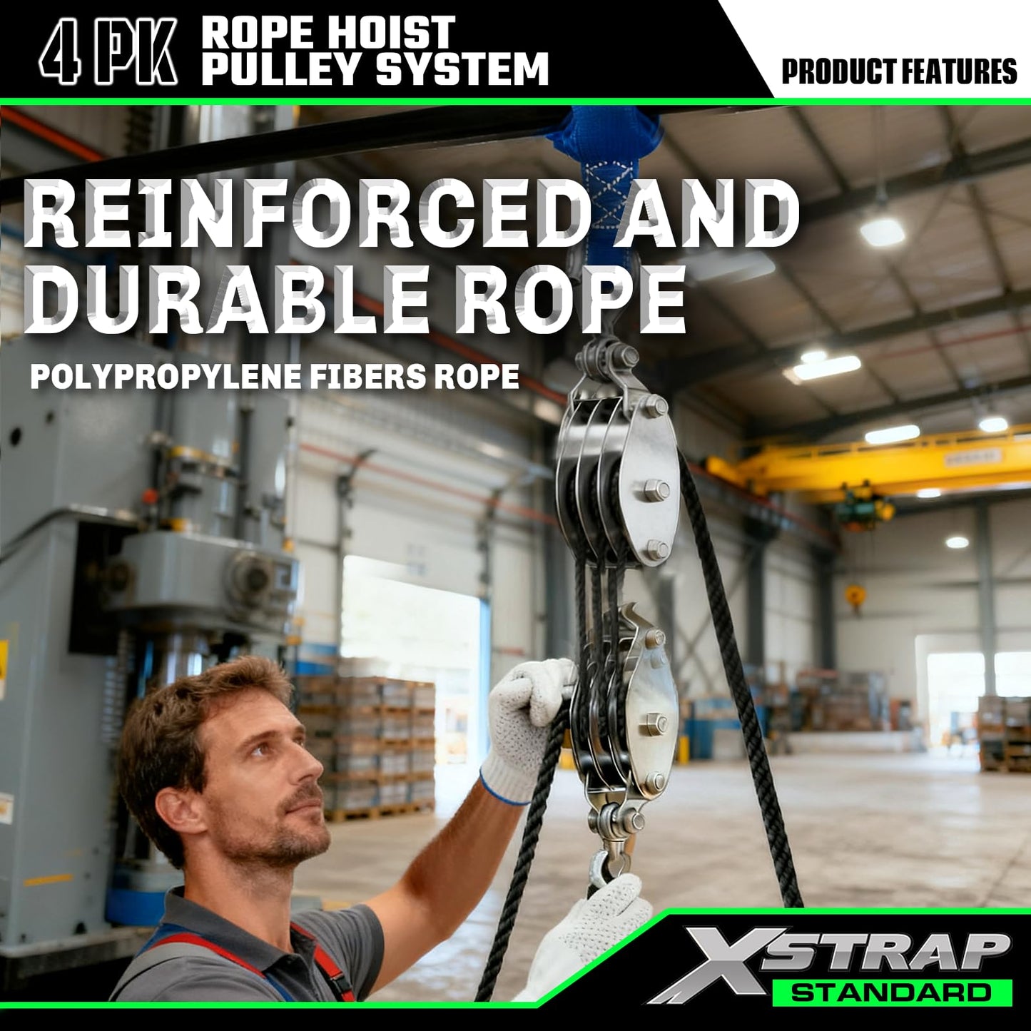 XSTRAP STANDARD Heavy-Duty 2,000 LB Breaking Strength 50 FT Rope Hoist, Metal Wheels Bearing Structure, 1000 LB Work Load Block and Tackle Pulley System for Lifting Heavy Objects, with 2pcs Soft Loops