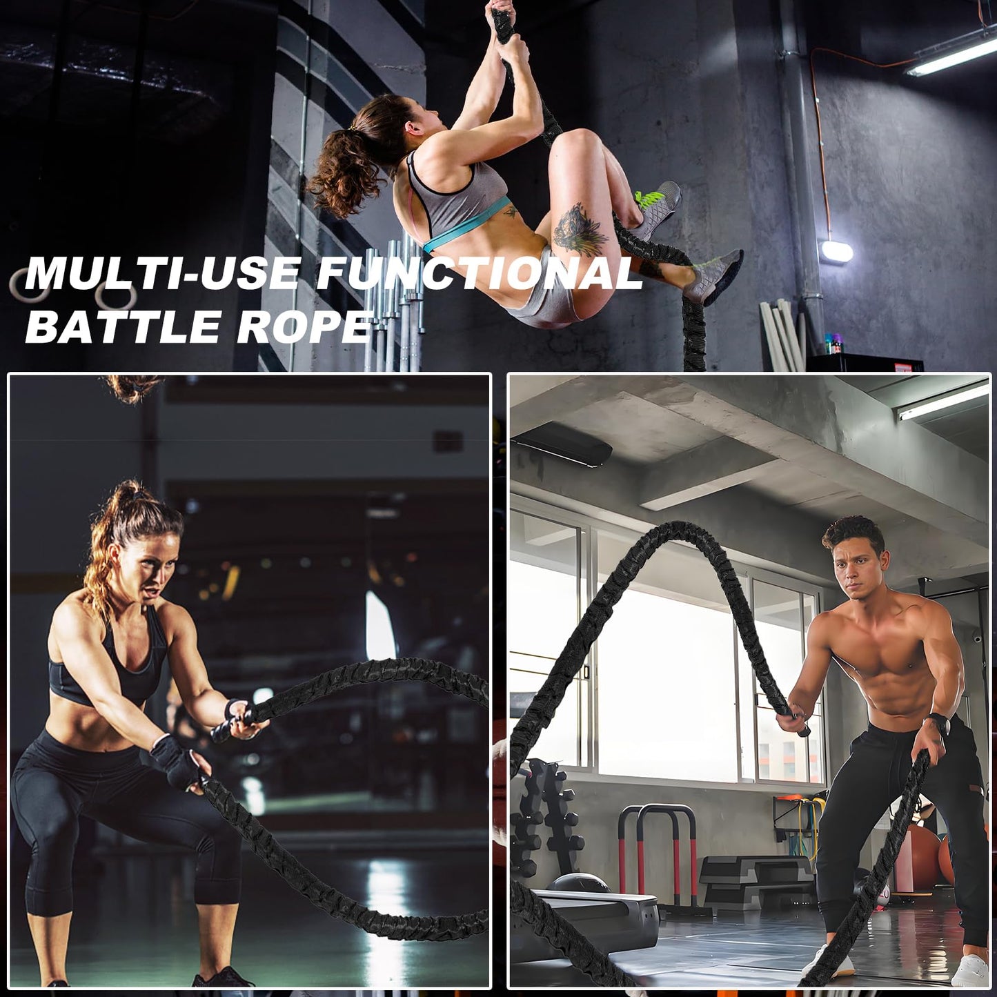 Brobantle Battle Rope 1.5 Inch Diameter,Black 30FT Exercise Workout Ropes for Home Gym Heavy Weighted Training Rope for Working Out