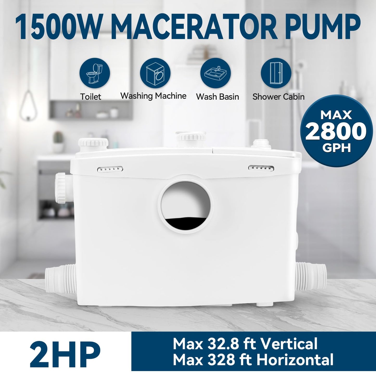 1500W Macerator Pump with Grinding Blade Toilet Pump Utility Sink Pump Upflush to 32.8FT 2800GPH Macerating Toilet System with 4 Water Inlets 2 Outlets for Toilet Sink Shower Laundry Kitchen Basement