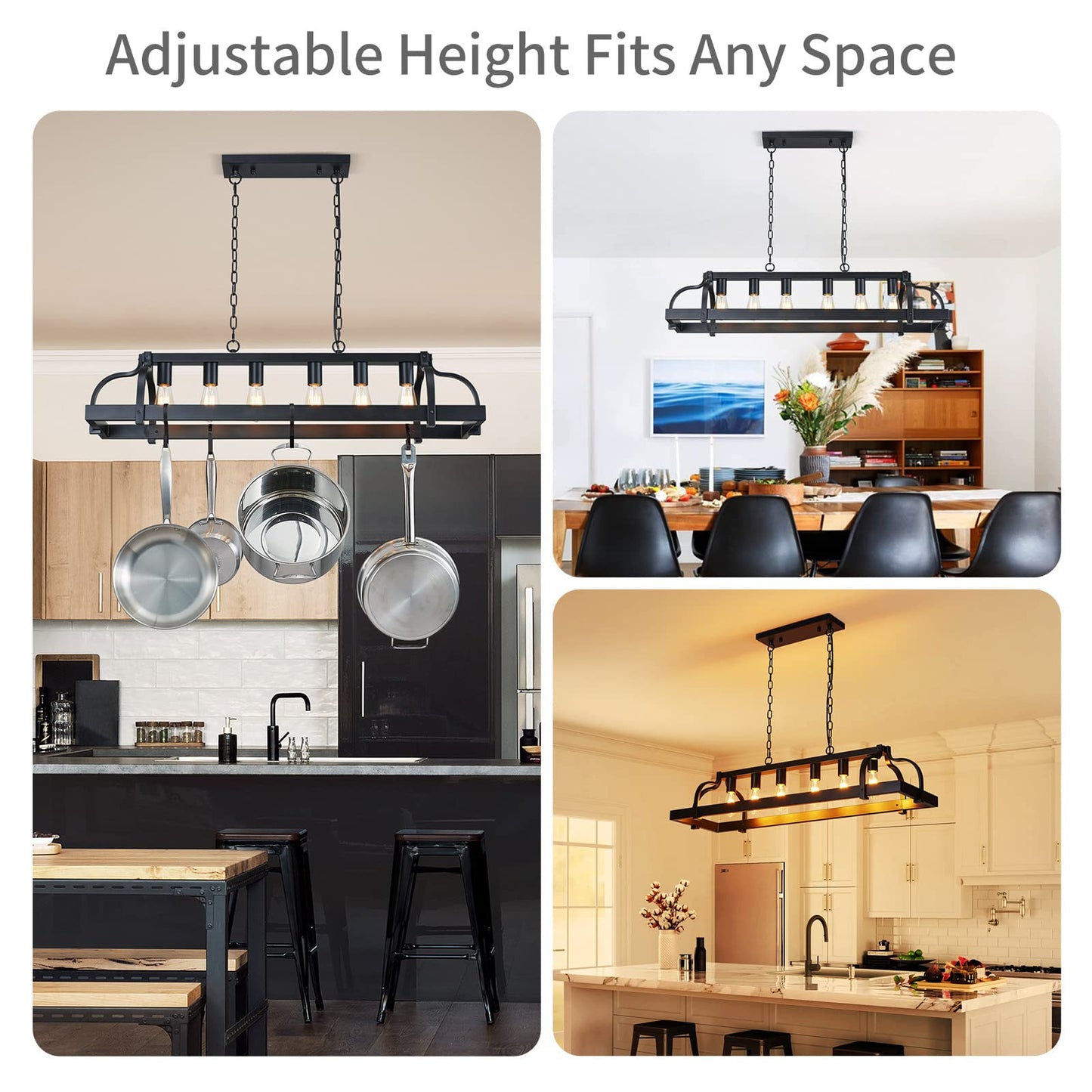 WUZUPS 6-Light Metal Pot Hanging Rack Chandelier Linear Pendant Ceiling Lighting Rustic Farmhouse Fixture Kitchen Island Dining Room, H 9.8" L 40.6" W11.8, E26 Base, Black