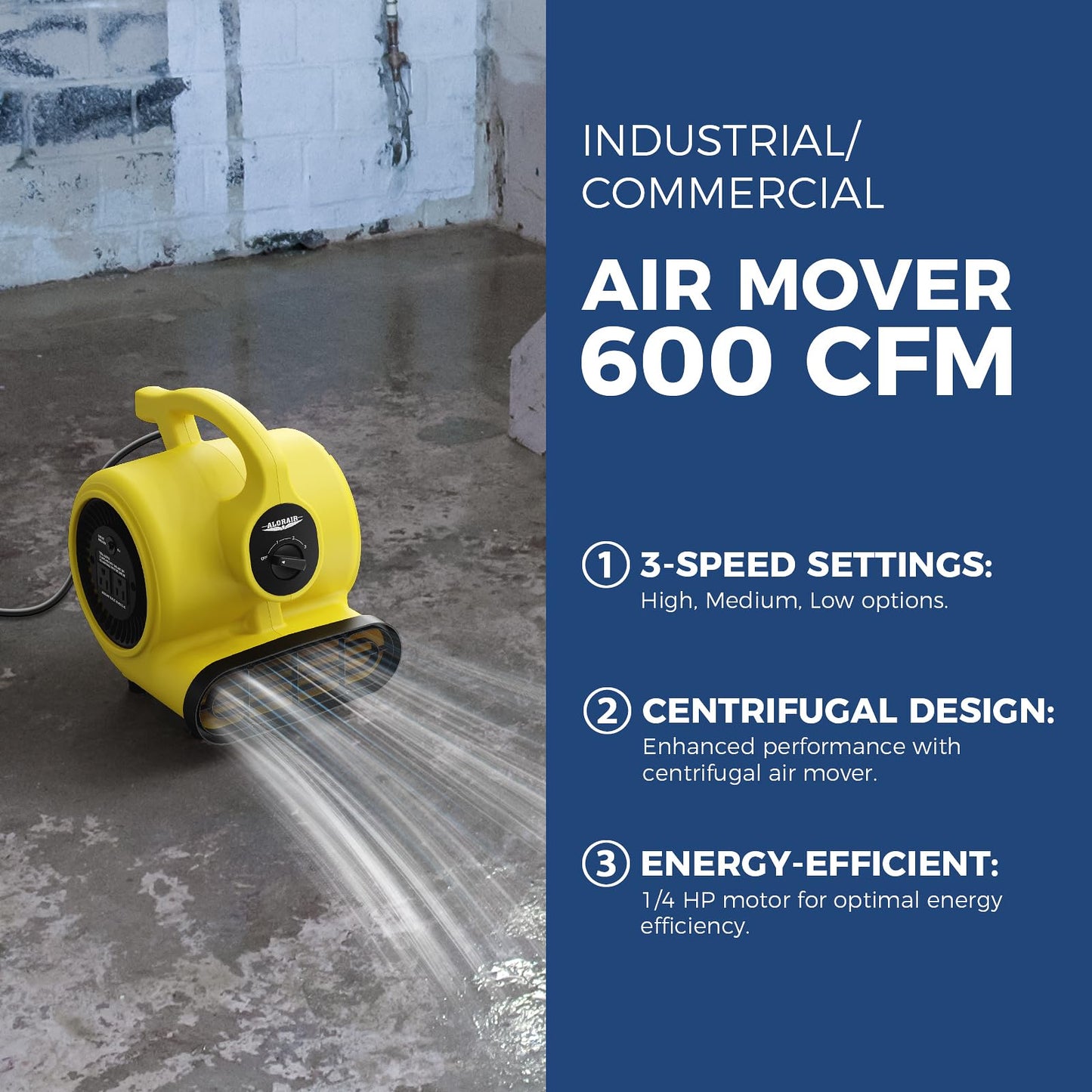 ALORAIR 600 CFM Air Mover Blower Fan for Industrial, Workshop, and Home Use - 3 Speeds, 5 Adjustable Angles and Daisy Chain - Ideal for Water Damage Restoration and Plumbing - GF600A Yellow