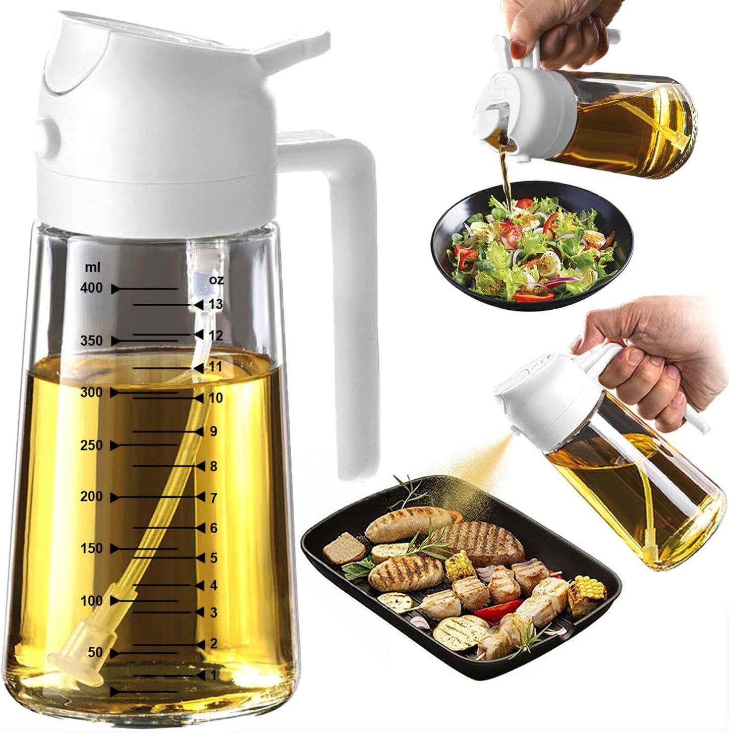 TrendPlain Glass Olive Oil Sprayer - 16oz 2-in-1 Dispenser Bottle for Cooking & BBQ - White