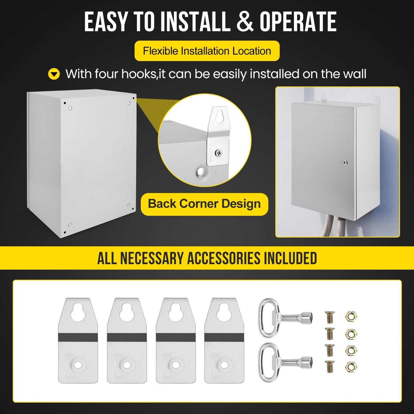 Electrical Box, 24 x 16 x 12'' NEMA 4X Steel Electrical Box, IP66 Waterproof & Dustproof, Outdoor/Indoor Electrical Junction Box, Lockable Junction Box
