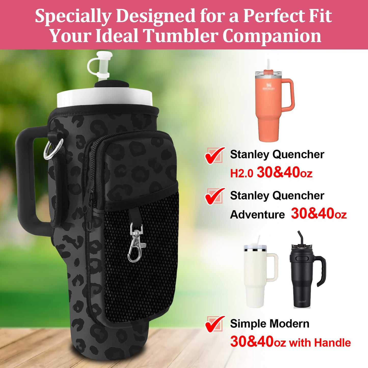 LAOTANGJIA Leopard Print Black Stanley Water Bottle Carrier Bag 40oz/30oz Tumbler with Phone with 2 Adjustable Strap 3 Pockets Bottle Stanley Cup Carrier Bag & Case Accessories for Hiking Travelling