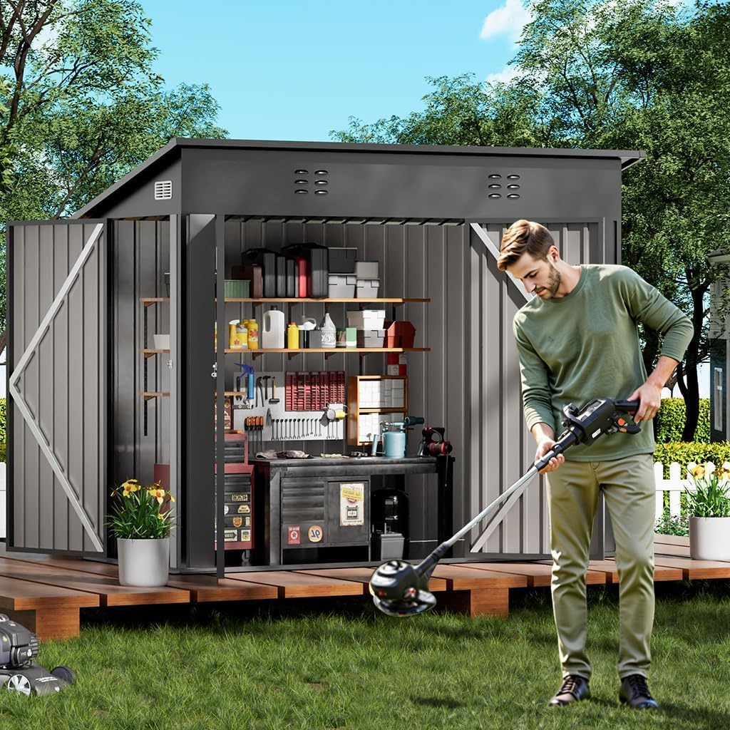 COMHOMA Shed Outdoor Storage Shed Metal,Lockable Doors Tool Sheds with Sloping Roof,Steel Garden Shed with Air Vent for Backyard,Patio,Lawn,Poolside(Grey,8'*4')