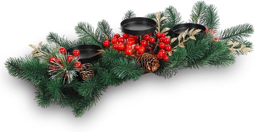MorTime Christmas Centerpiece - 3 Candle Holders with Red Berries & Pine Cones | Indoor Holiday Table Decor