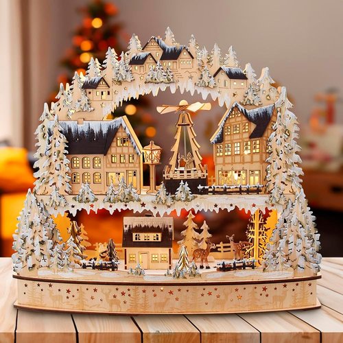 Kurt S. Adler 16-Inch Light-Up Wooden Village - Battery-Operated with Motion Feature