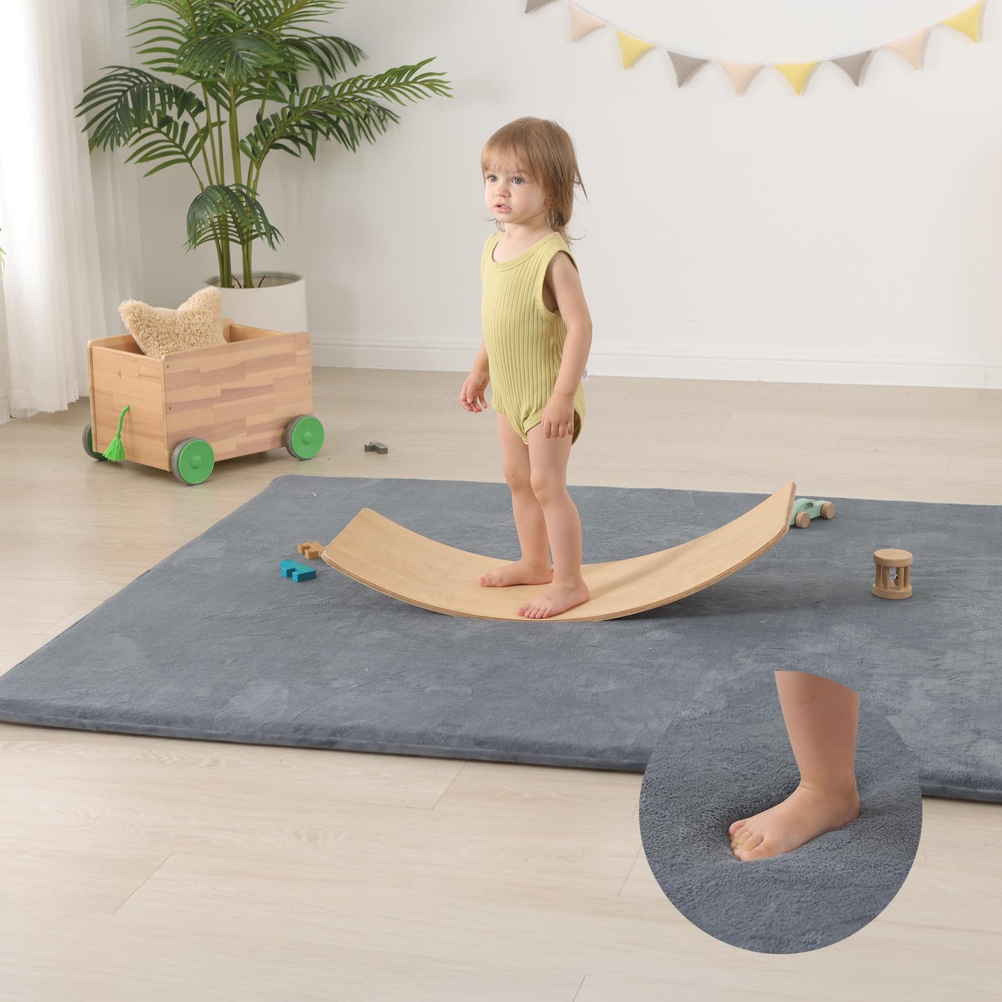 Huloo Sleep Baby Play Mat for Floor,1.3" Thick Elasti-Foam 74"×50" Playpen Mat, Non-Toxic Certified Water-Repellent Coral Velvet, Non-Slip Safe Crawling Mat for Tummy Time, Toddler & Infant (Dark Grey)